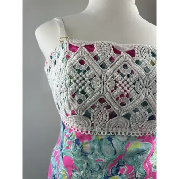 Lilly Pulitzer Brynn Strapless Dress Lobsters In Love Razz Crochet Shift Size 8 - Picture 8 of 16